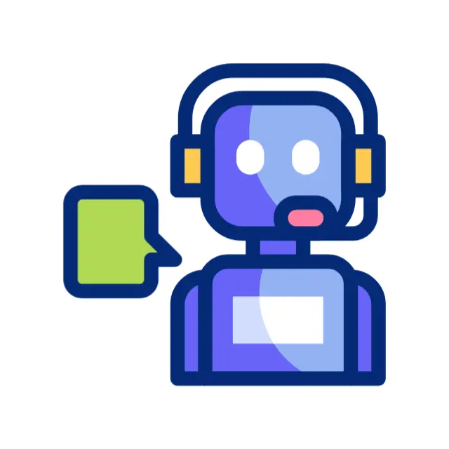 Ícone do rosto de um robô amigável representando um assistente de inteligência artificial.